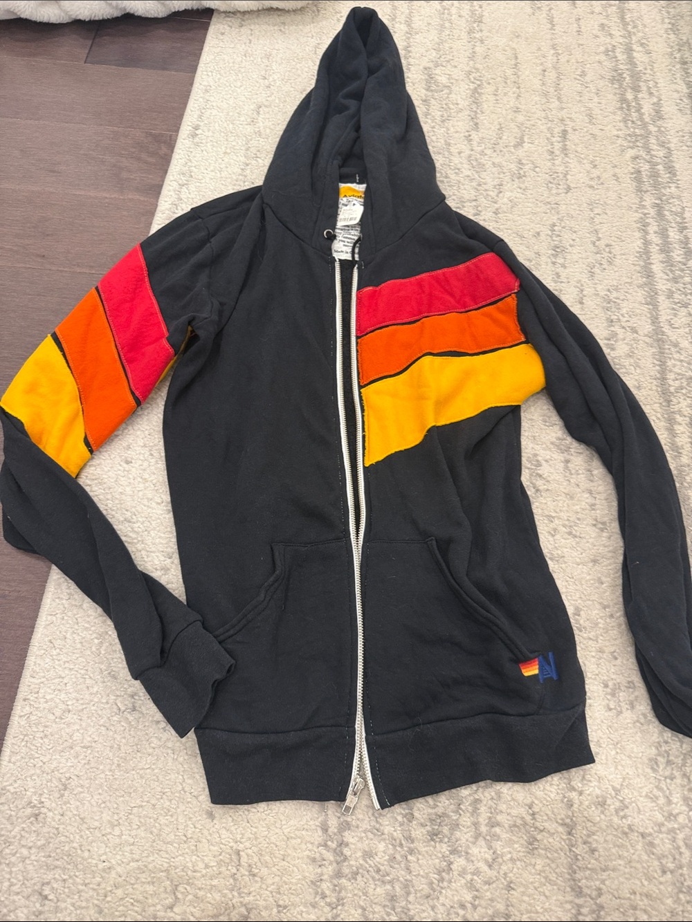 Aviator Nation Black Zip Hoodie with Red, Orange & Yellow Stripe Panels BNWT